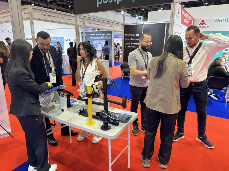 Haiyuan POS stands and mounting systems demonstrated to buyers at an international exhibition