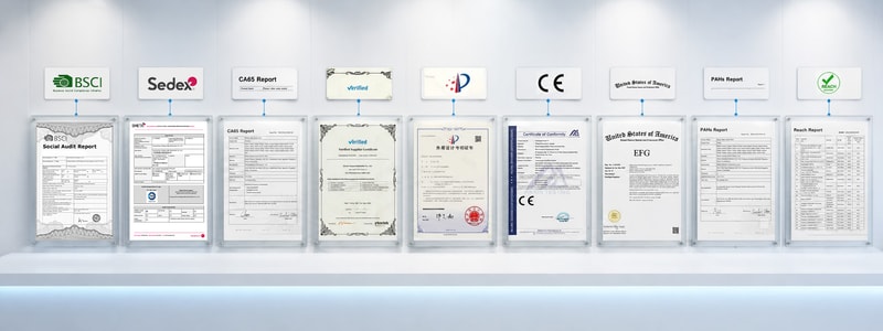 Haiyuan conformity, test, supplier verification, design patent, trademark, PAHs, and REACH documents with their corresponding marks