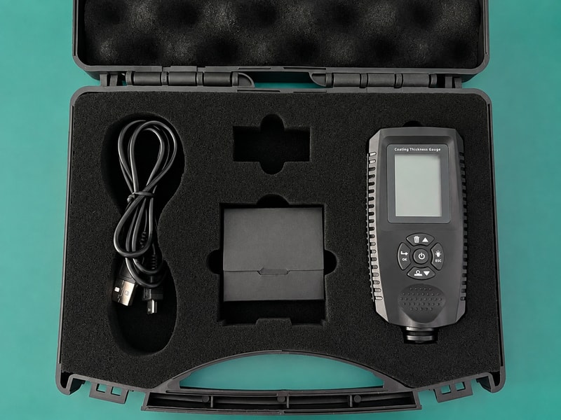 Coating thickness inspection instrument in its protective case