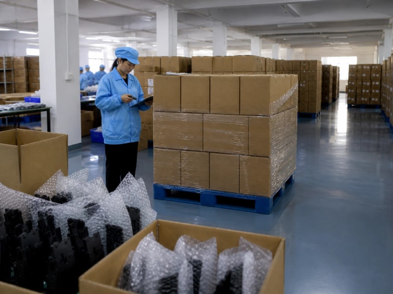 Packed POS stands and sealed cartons staged on pallets for shipment inspection