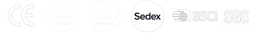 CE, RoHS, REACH, Sedex, BSCI, and SGS certification marks
