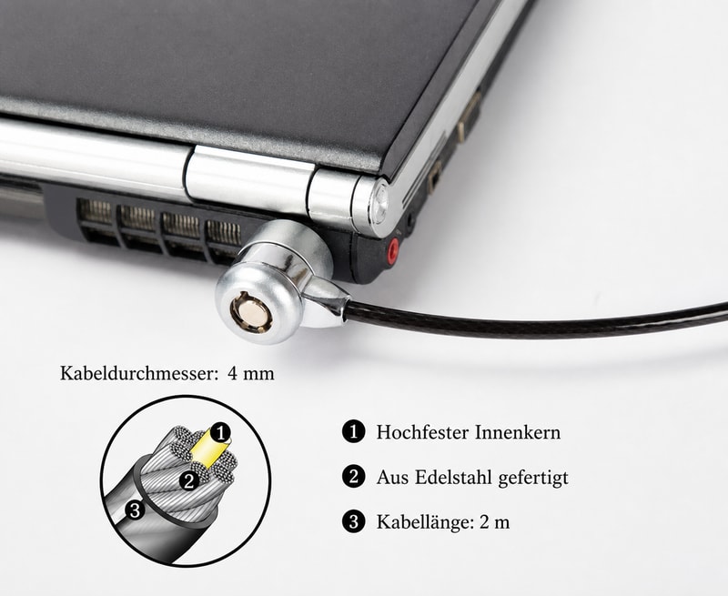 2 m Laptop-Sicherheitskabel mit Schlüssel, Konstruktionsansicht 1