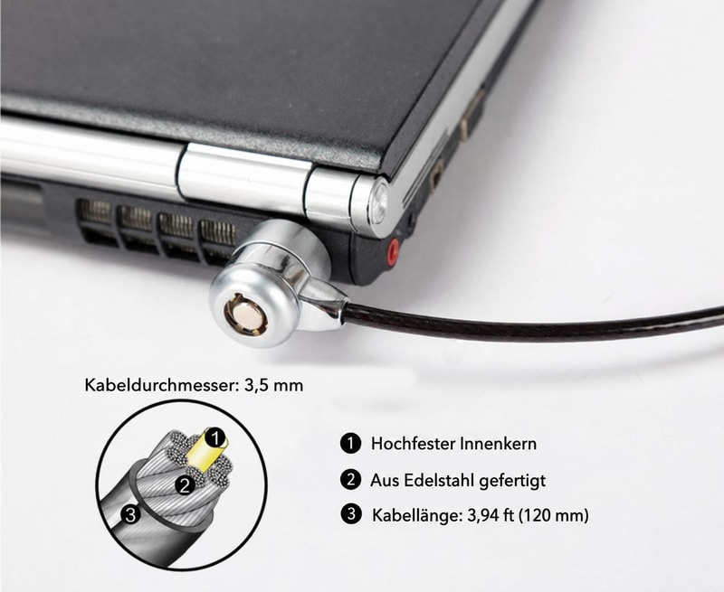 Silbernes Laptop-Sicherheitskabel mit Schlüssel, 1,1 m, Konstruktionsansicht 1