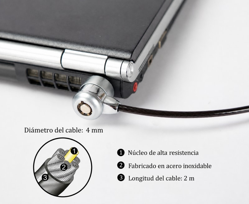 Cable de seguridad con llave para portátil de 2 m, vista de construcción 1