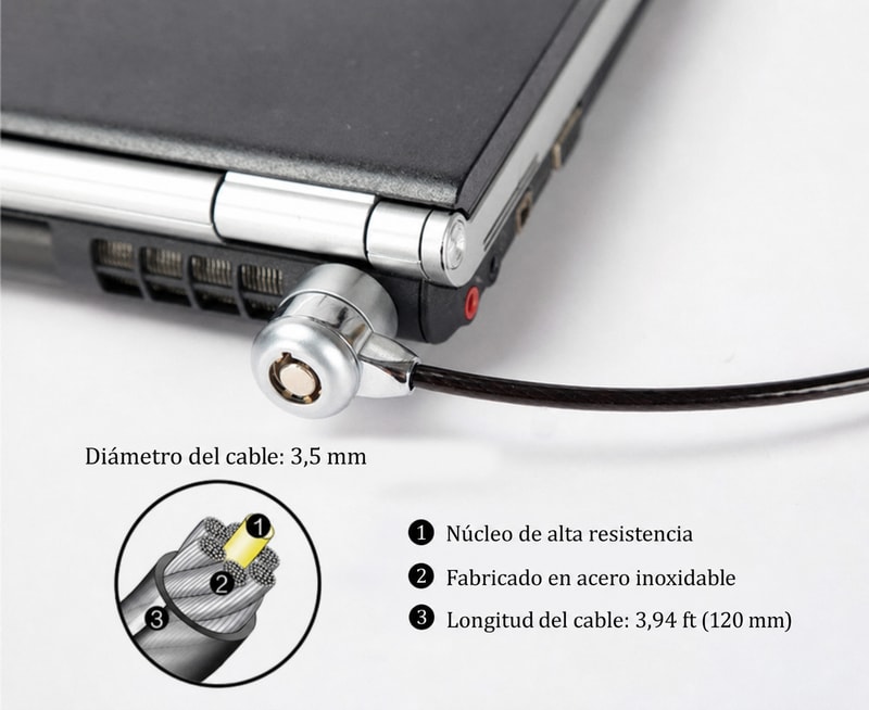 Cable de seguridad plateado con llave para portátil de 1,1 m, vista de construcción 1