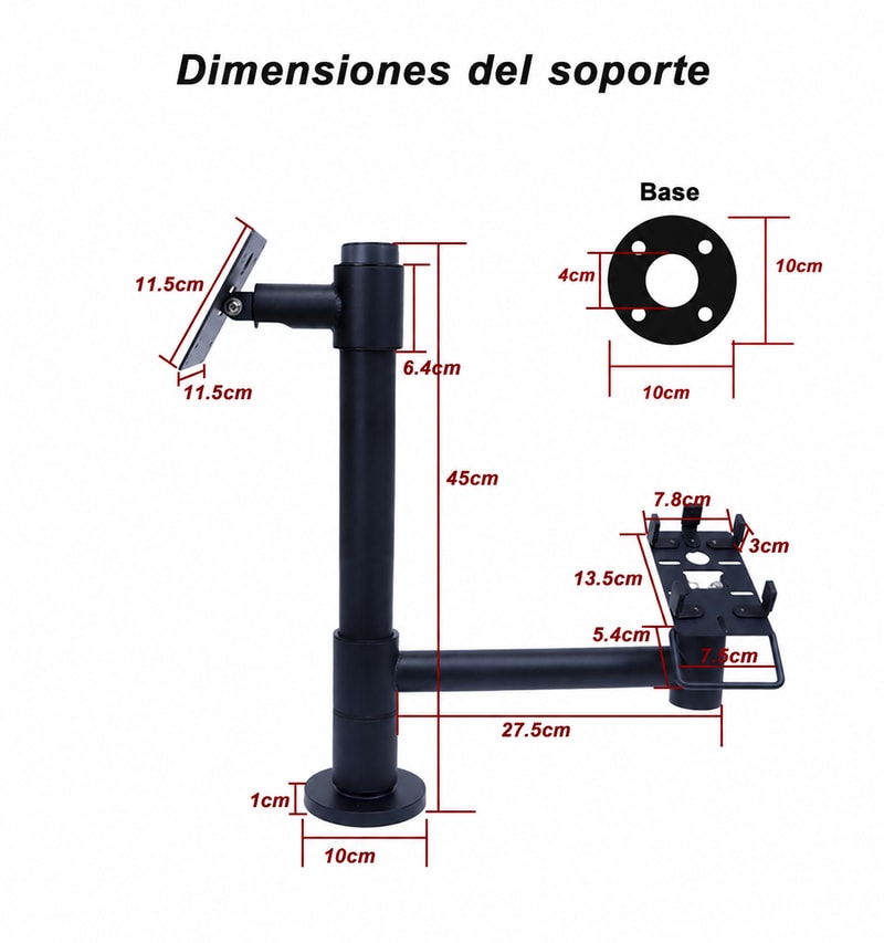 Soporte de poste POS VESA 75/100 con giro de 360°, vista de dimensiones 1