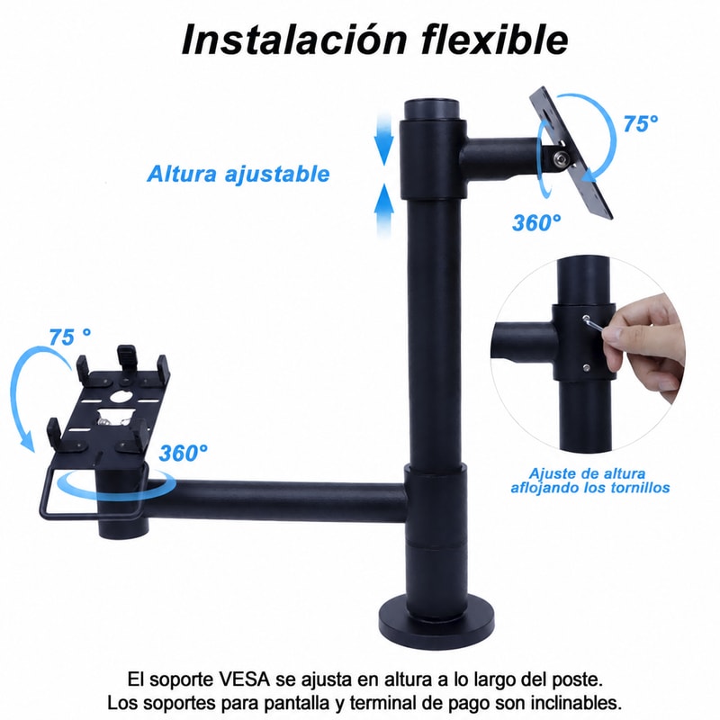 Soporte de poste POS VESA 75/100 con giro de 360°, vista de instalación 1