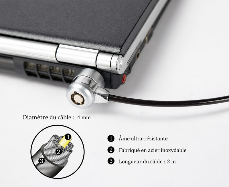 Câble antivol à clé pour ordinateur portable, 2 m, vue de la construction 1