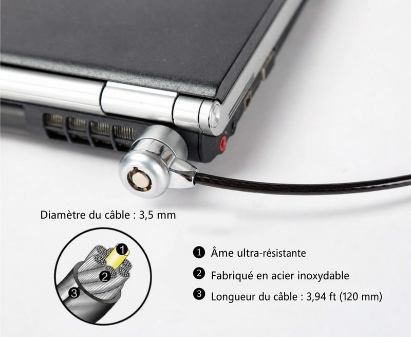 Câble antivol argenté à clé pour ordinateur, 1,1 m, vue de la construction 1
