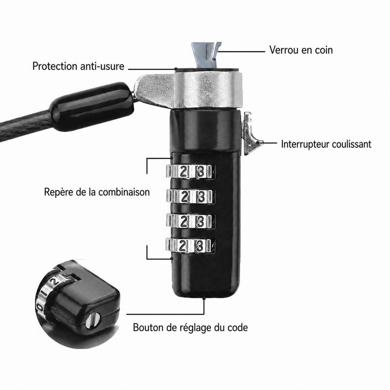 Câble antivol à combinaison compatible Dell, vue de la construction 1