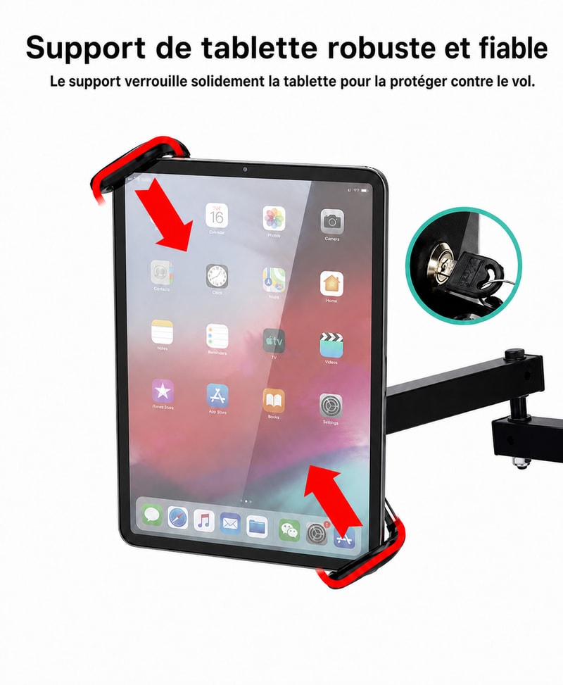 Support mural pour tablette 7–12 pouces, vue de la sécurité 1