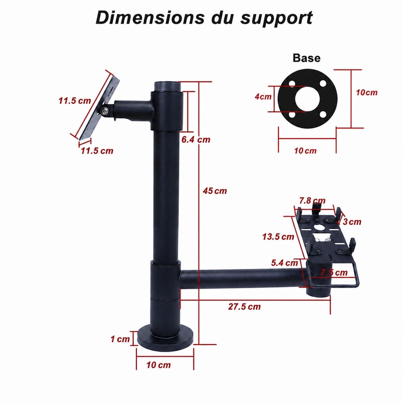 Support POS VESA réglable en hauteur, vue des dimensions 1