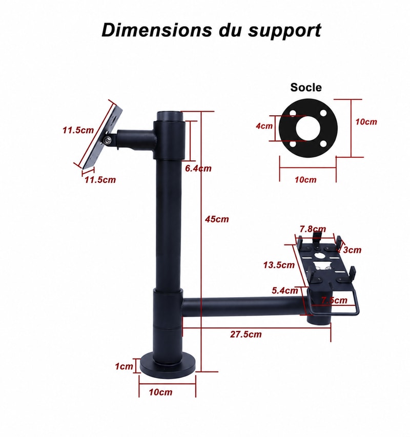 Support POS sur mât VESA 75/100 à 360°, vue des dimensions 1