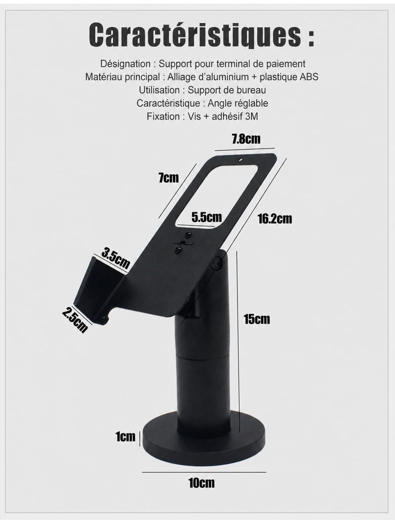 Support POS réglable pour Sunmi P3, vue des dimensions 1