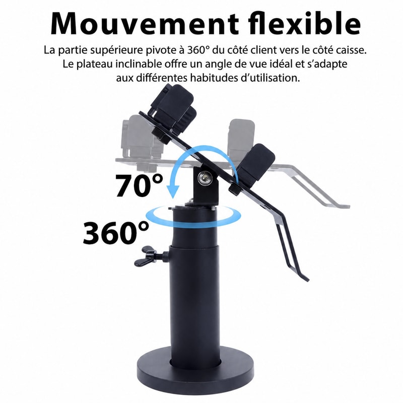 Support POS universel réglable en hauteur avec poignée, vue du mouvement 1