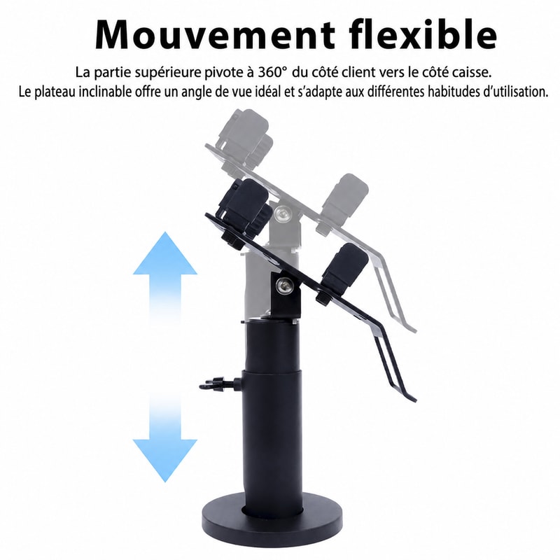 Support POS universel réglable en hauteur avec poignée, vue du mouvement 2