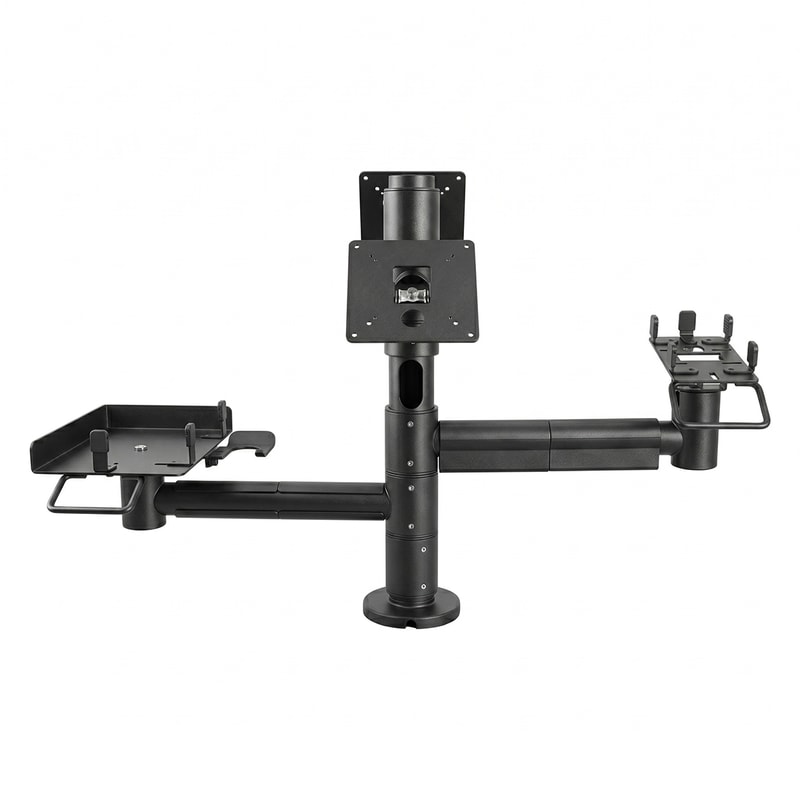 Finished black multi-device POS mounting system on a white studio background