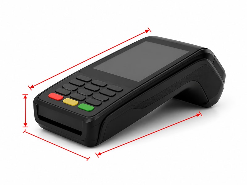 Unbranded POS terminal with red length, width, and thickness measurement lines