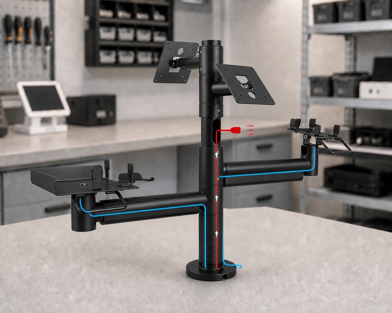 Rear view of an empty multi-arm POS stand with routed cables, clips, and accessory tray