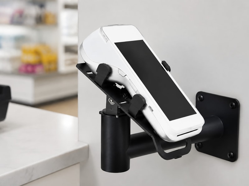 Handheld payment terminal seated in a wall-mounted bracket with visible padded grips and clearances