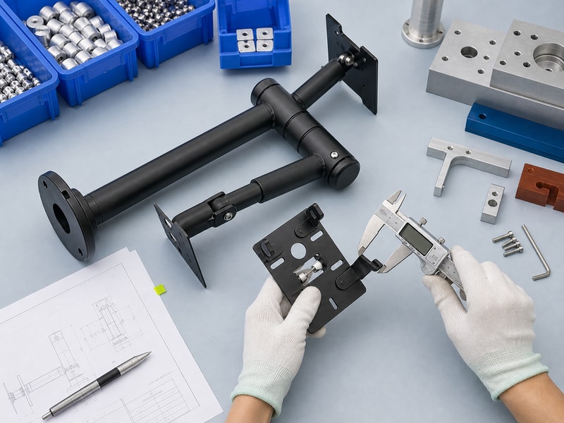 Gloved hands measuring a POS mount component against an engineering drawing