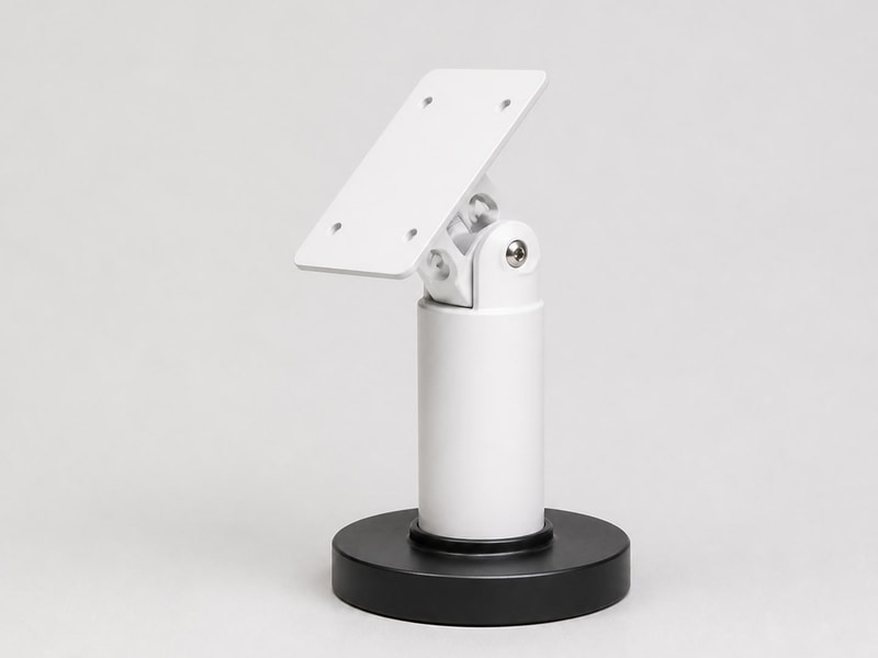 Two countertop POS stands presenting payment terminals at different tilt and swivel positions