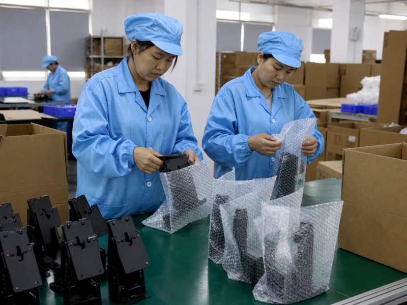 Factory workers packing finished black POS stands into protective bubble-wrap bags