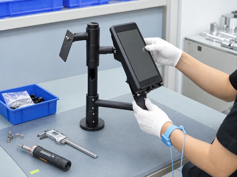 Gloved hands checking the fit of a payment terminal on a POS mount sample